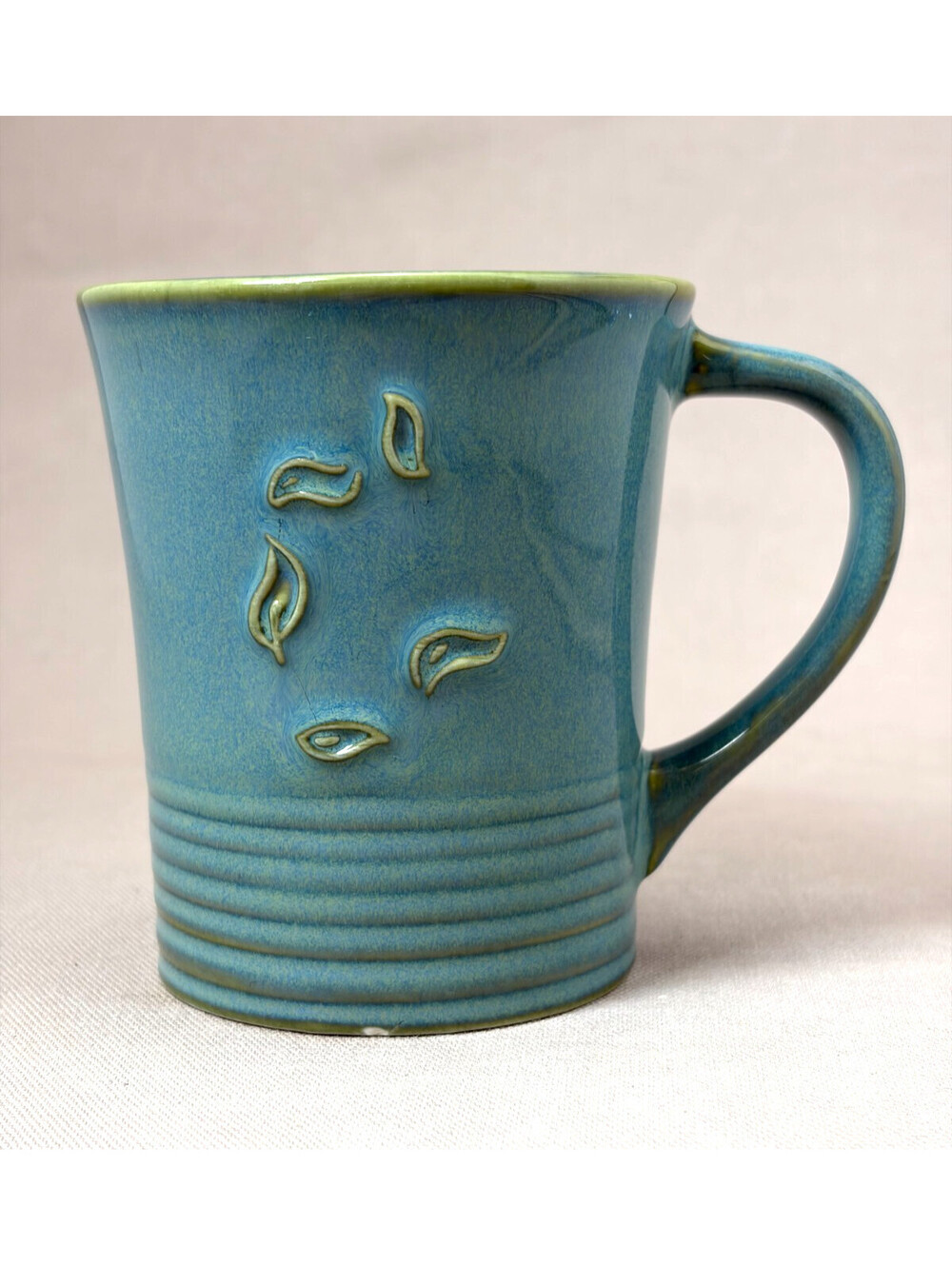 Studio Art Pottery Coffee Mug Teal Blue Green Embossed Leaves Ceramic 4.5"